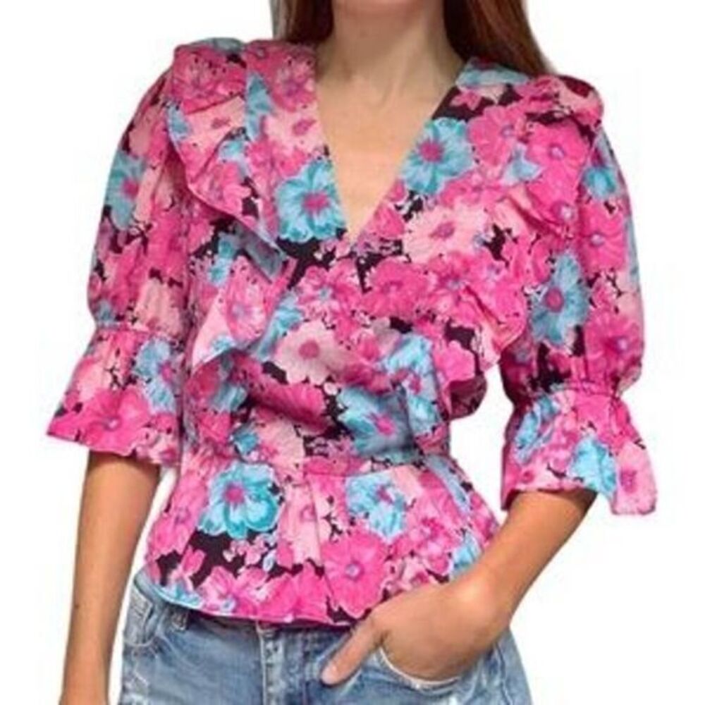WAYF NWT Floral Pink Peplum Ruffle Front-tie Blouse SMALL